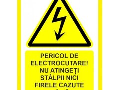 Placuta pericol de electrocutare nu atingeti stalpii nici firele cazute la pamant