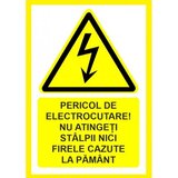 Placuta pericol de electrocutare nu atingeti stalpii nici firele cazute la pamant